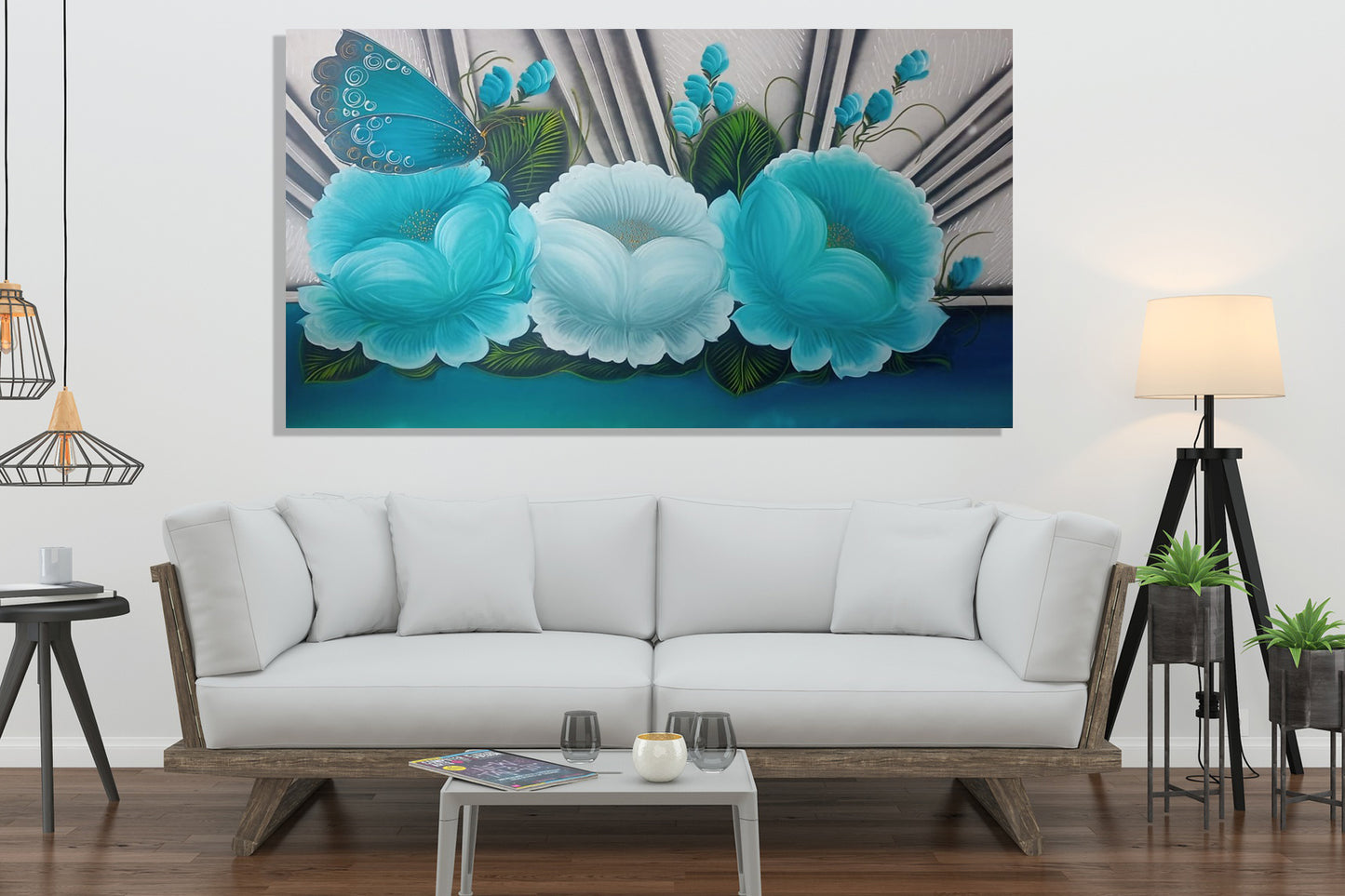 Cuadro 🌿 Mariposa y Flores Turquesa: Elegancia Natural 🦋