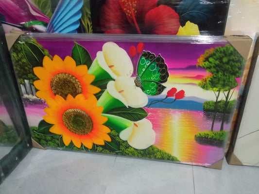 🌅🦋Cuadro  Amanecer de Vida: Girasoles, Lirios y Mariposa Esmeralda