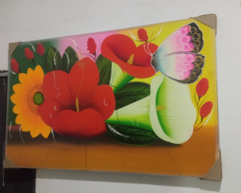 🦋🌺 Cuadro Flores Radiantes con Mariposa Pastel — 130 cm x 80 cm