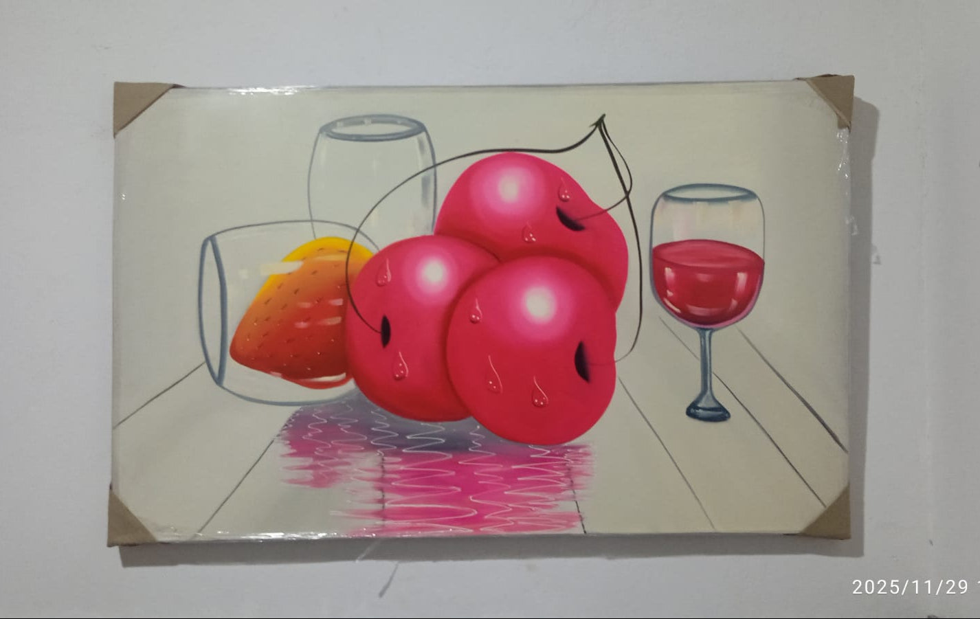 🍒🍷 Cuadro Cerezas Brillantes & Vino: Elegancia Minimalista — 130 cm x 80 cm