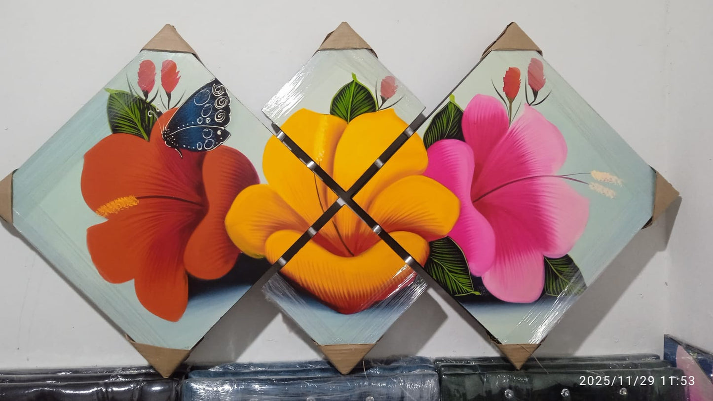 🌸🦋 Cuadro Tríptico Floral Arcoíris: Belleza en Movimiento — 130 cm x 80 cm